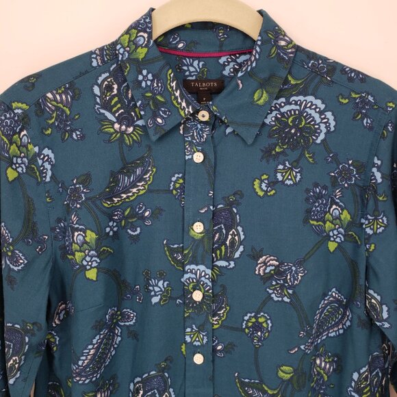 Talbots Floral Paisley Button Down Shirt XSP Womens Long Sleeves Teal Green Blue - Picture 6 of 9